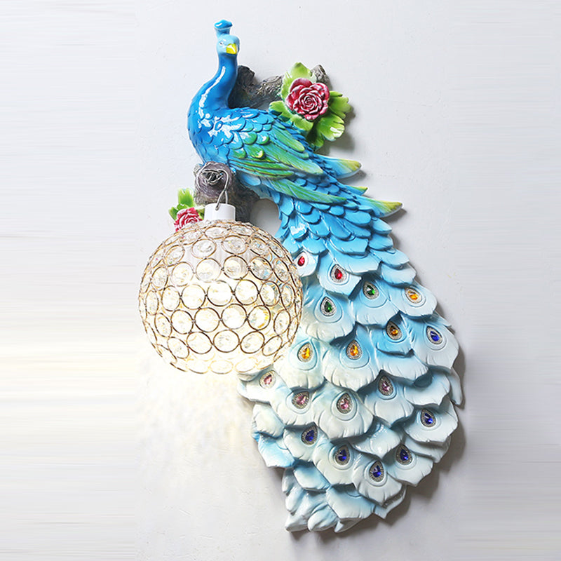 Peacock Wall Sconce Art Decor Resin 1-Light Living Room Wall Lamp with Spherical Crystal Shade