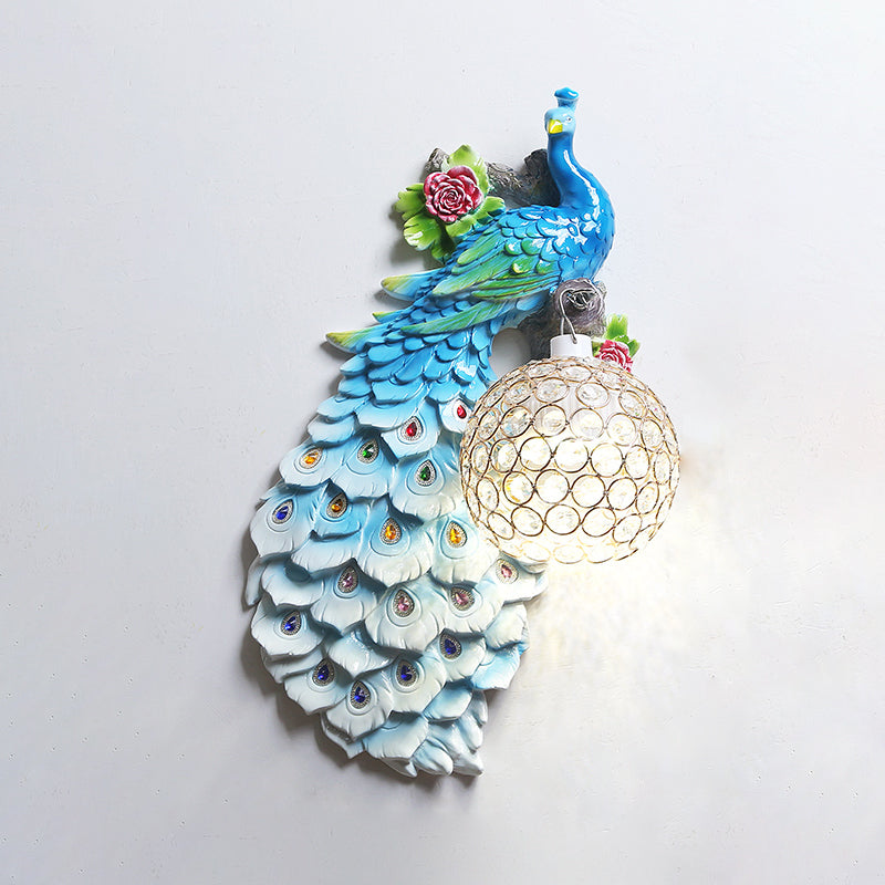 Peacock Wall Sconce Art Decor Resin 1-Light Living Room Wall Lamp with Spherical Crystal Shade
