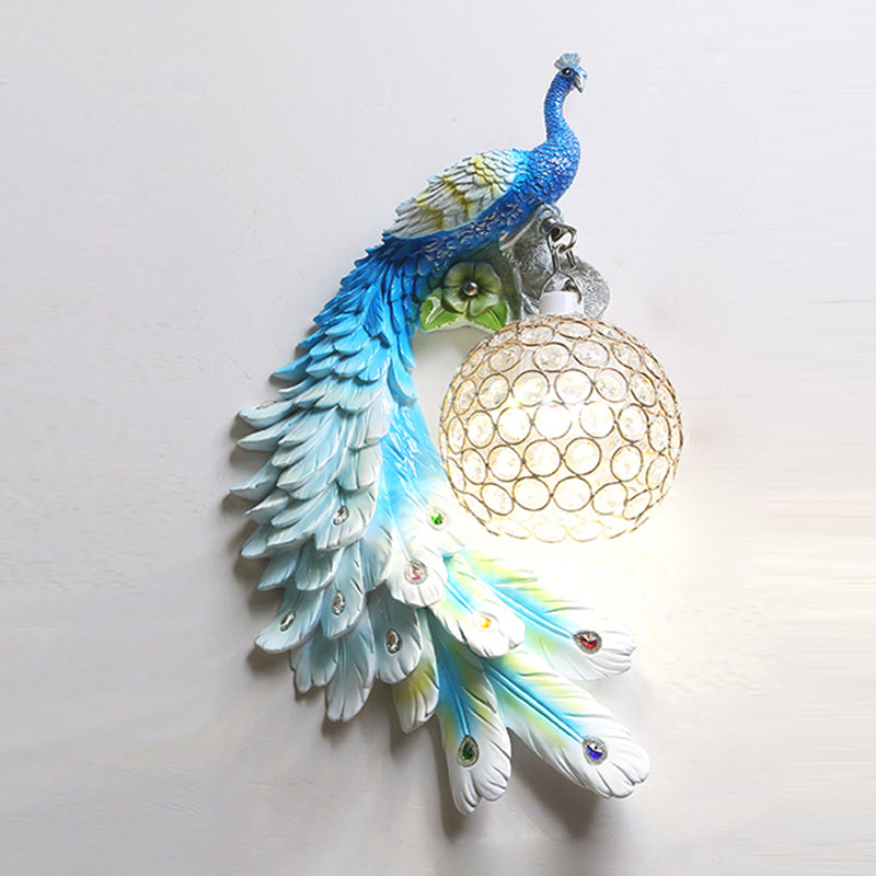 Peacock Wall Sconce Art Decor Resin 1-Light Living Room Wall Lamp with Spherical Crystal Shade