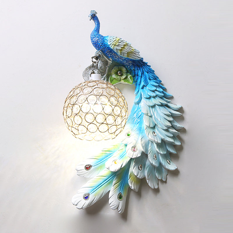 Peacock Wall Sconce Art Decor Resin 1-Light Living Room Wall Lamp with Spherical Crystal Shade