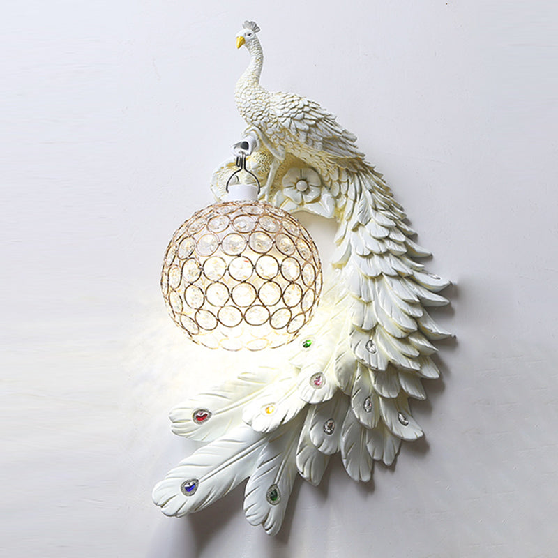 Peacock Wall Sconce Art Decor Resin 1-Light Living Room Wall Lamp with Spherical Crystal Shade