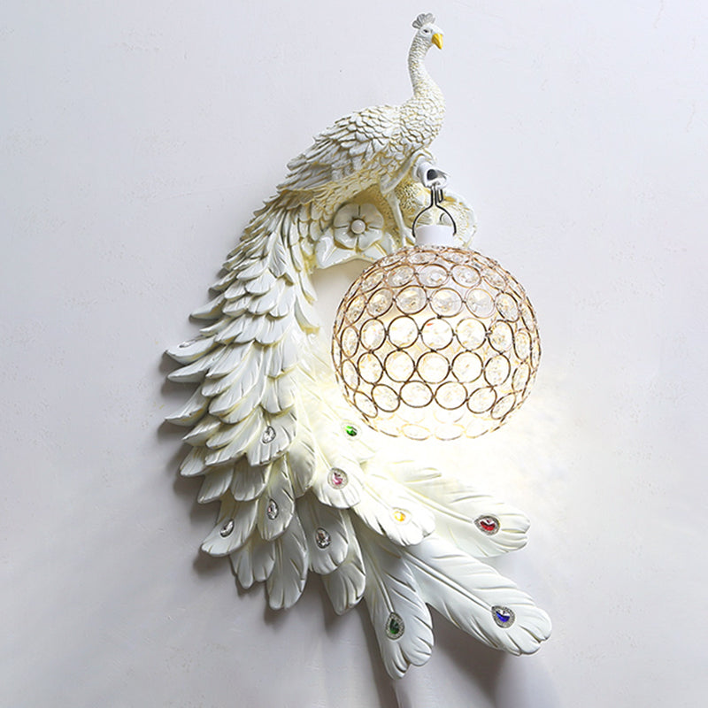 Peacock Wall Sconce Art Decor Resin 1-Light Living Room Wall Lamp with Spherical Crystal Shade