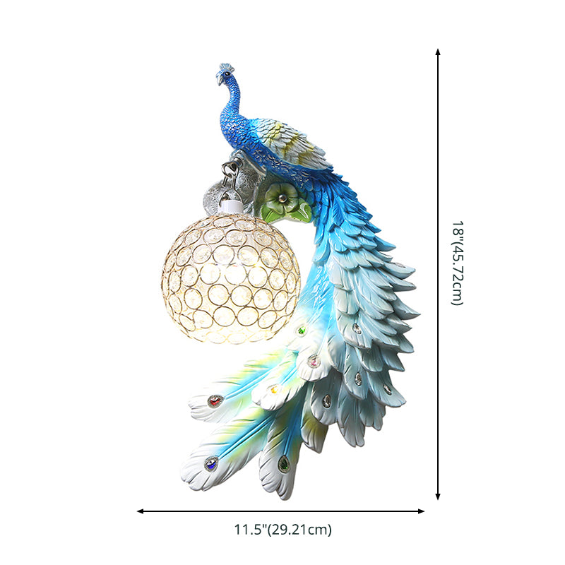 Peacock Wall Sconce Art Decor Resin 1-Light Living Room Wall Lamp with Spherical Crystal Shade