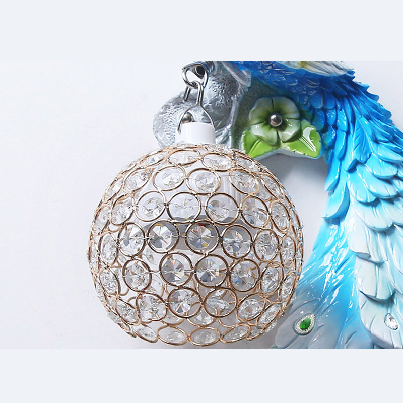 Peacock Wall Sconce Art Decor Resin 1-Light Living Room Wall Lamp with Spherical Crystal Shade