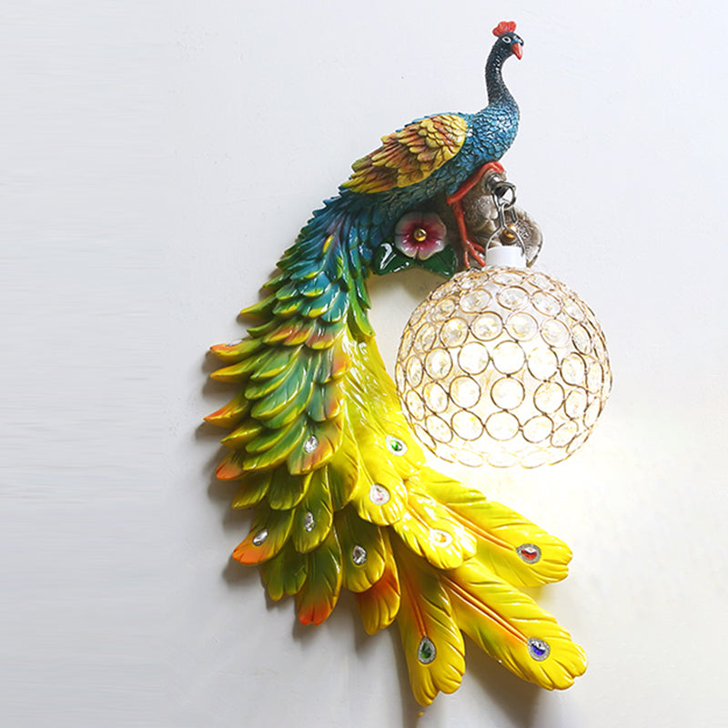 Peacock Wall Sconce Art Decor Resin 1-Light Living Room Wall Lamp with Spherical Crystal Shade