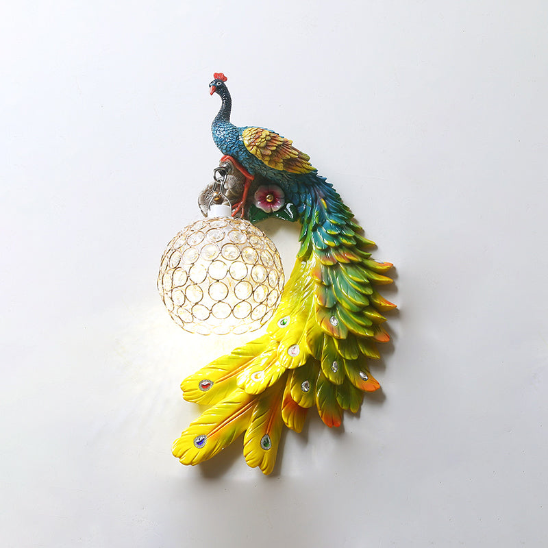 Peacock Wall Sconce Art Decor Resin 1-Light Living Room Wall Lamp with Spherical Crystal Shade