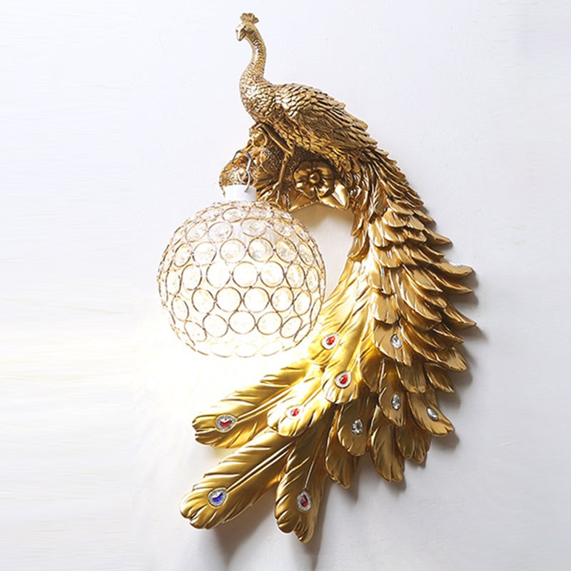 Peacock Wall Sconce Art Decor Resin 1-Light Living Room Wall Lamp with Spherical Crystal Shade