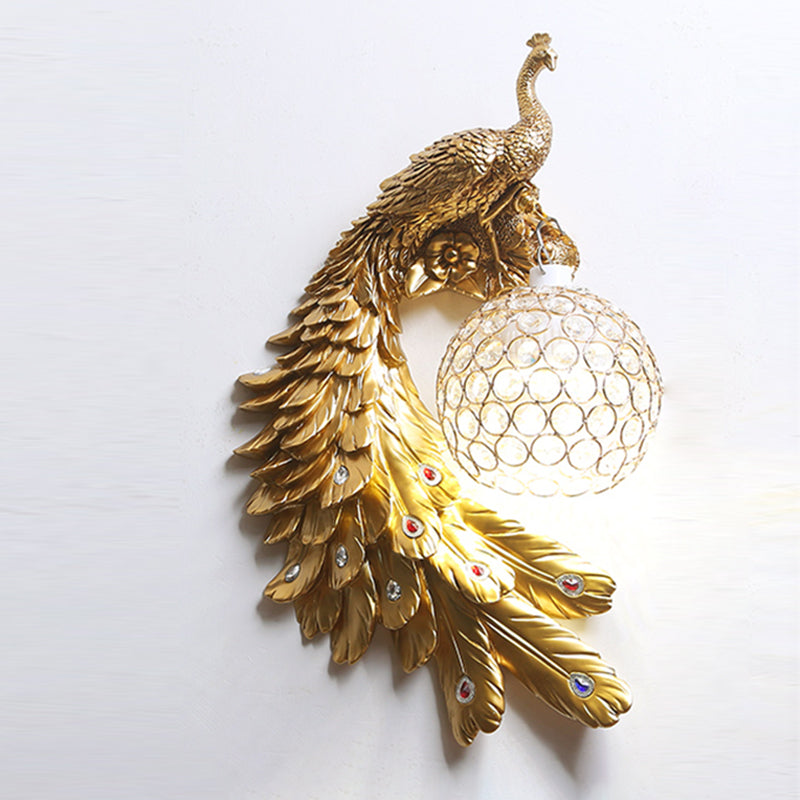 Peacock Wall Sconce Art Decor Resin 1-Light Living Room Wall Lamp with Spherical Crystal Shade