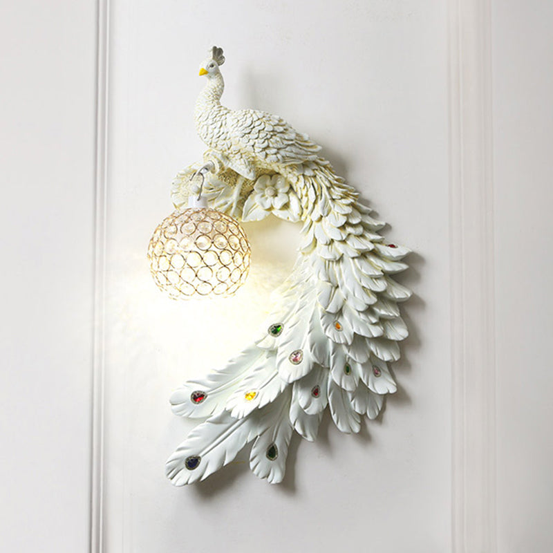 Peacock Wall Sconce Art Decor Resin 1-Light Living Room Wall Lamp with Spherical Crystal Shade
