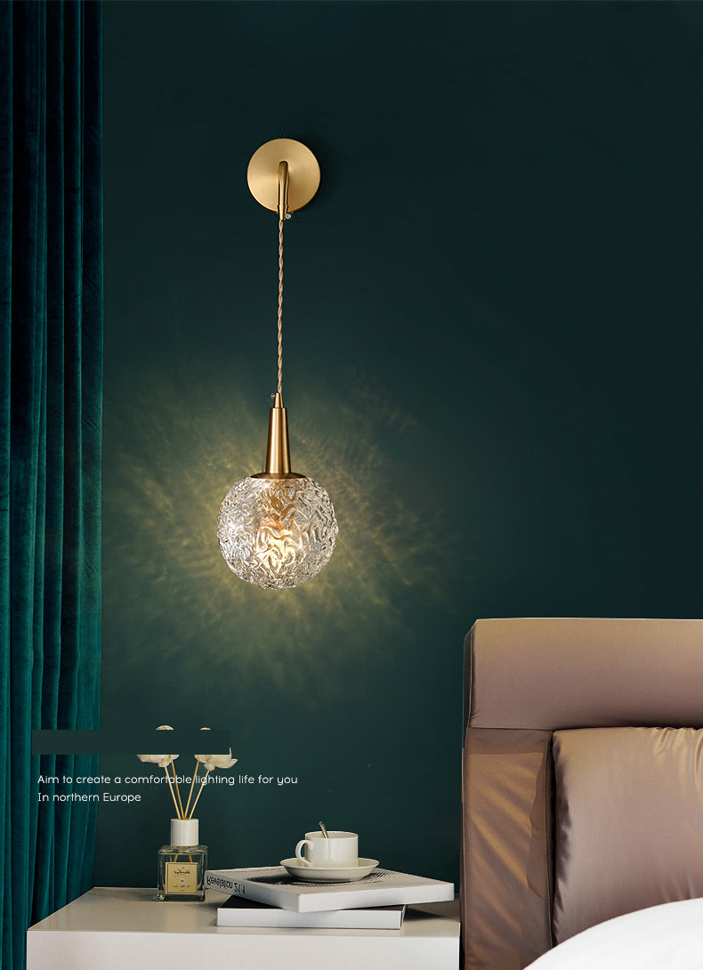 Spherical Bedside Wall Hanging Lamp Crystal 1 Head Minimalist Wall Light in Brass