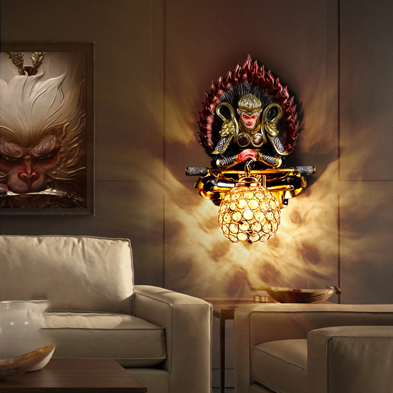 Resin Monkey King Wall Sconce Decorative 1-Light Wall Lamp with Crystal Shade