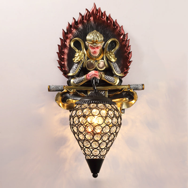 Resin Monkey King Wall Sconce Decorative 1-Light Wall Lamp with Crystal Shade
