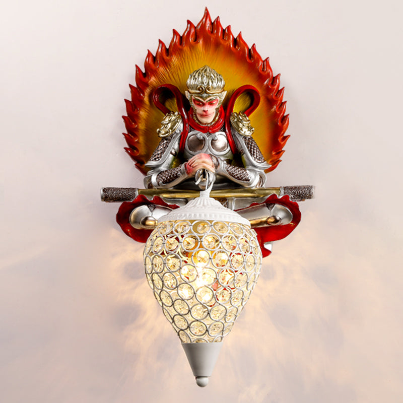 Resin Monkey King Wall Sconce Decorative 1-Light Wall Lamp with Crystal Shade