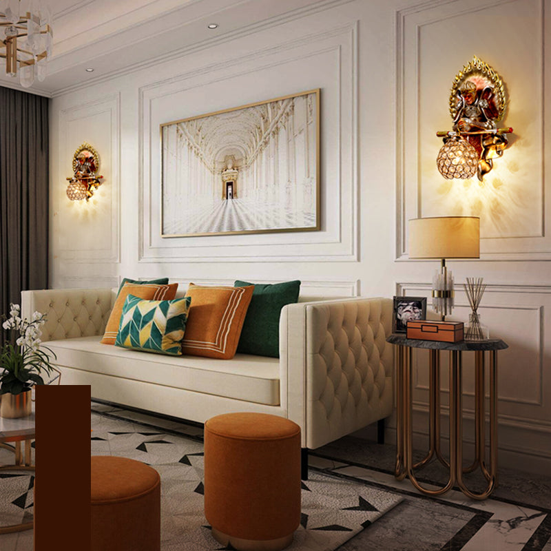 Resin Monkey King Wall Sconce Decorative 1-Light Wall Lamp with Crystal Shade