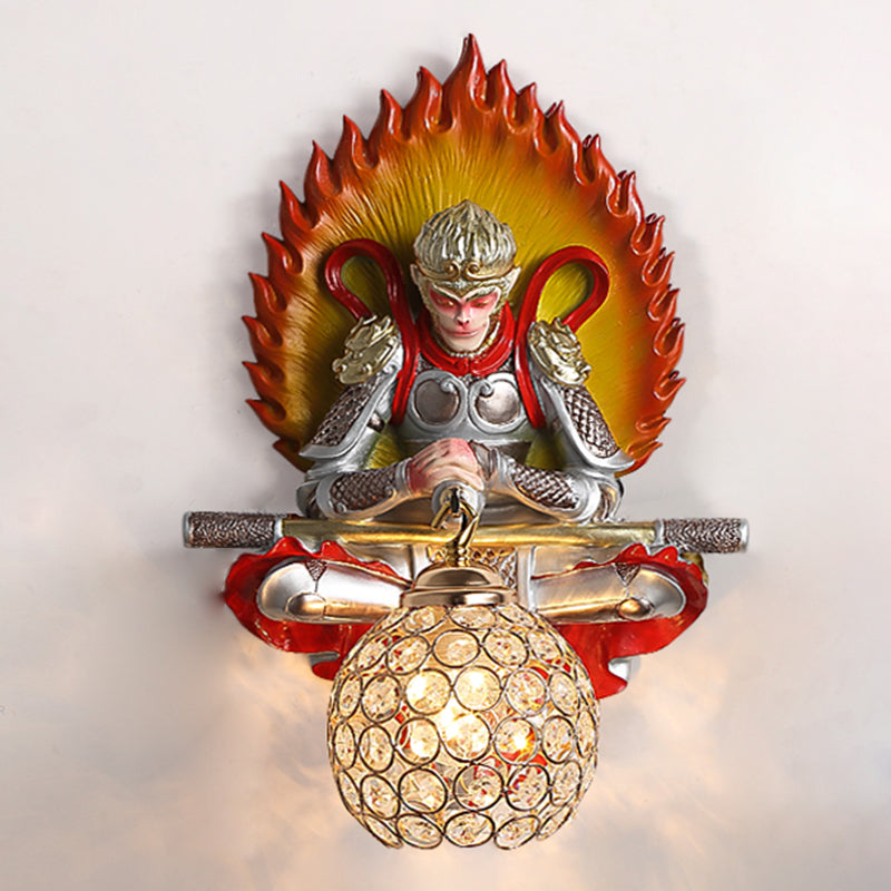 Resin Monkey King Wall Sconce Decorative 1-Light Wall Lamp with Crystal Shade