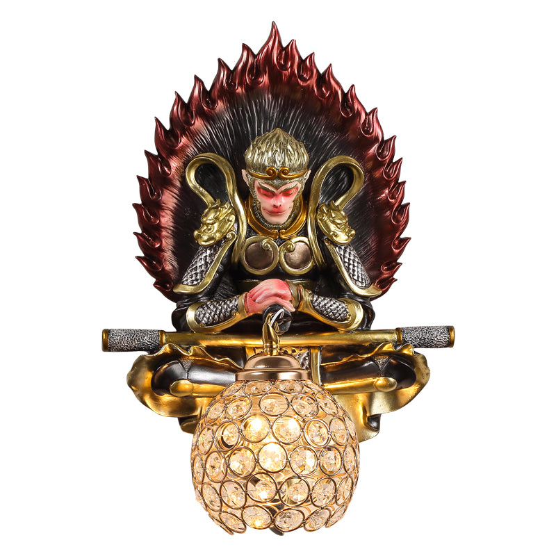 Resin Monkey King Wall Sconce Decorative 1-Light Wall Lamp with Crystal Shade