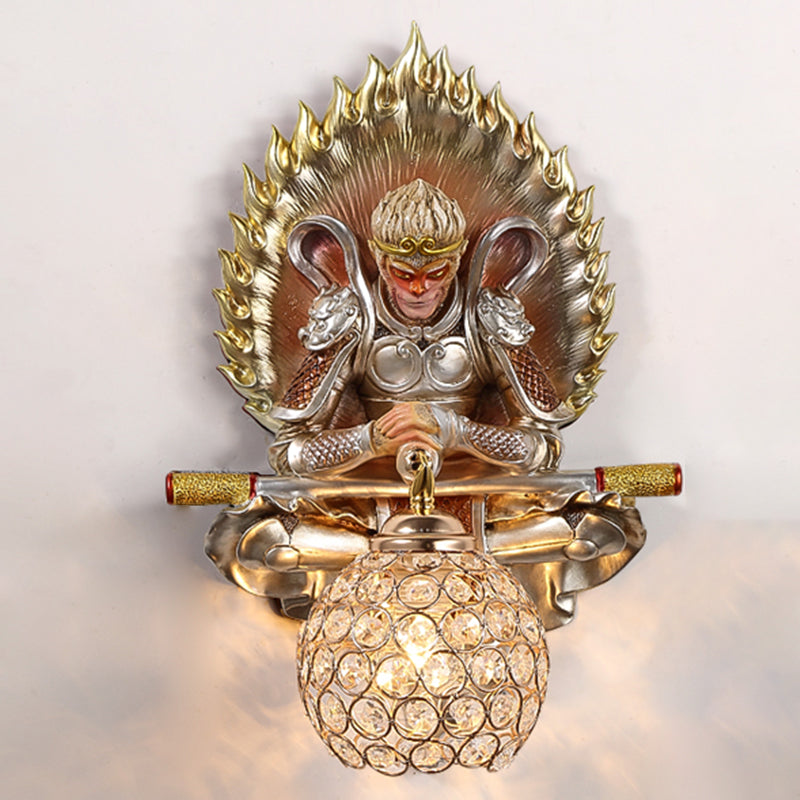 Resin Monkey King Wall Sconce Decorative 1-Light Wall Lamp with Crystal Shade