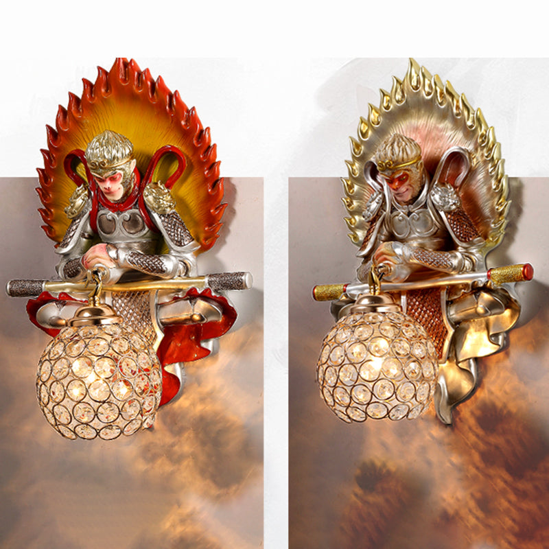 Resin Monkey King Wall Sconce Decorative 1-Light Wall Lamp with Crystal Shade