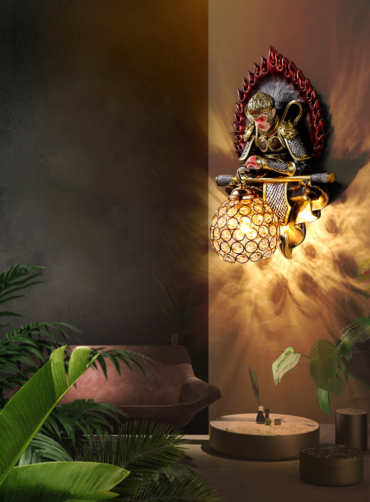 Resin Monkey King Wall Sconce Decorative 1-Light Wall Lamp with Crystal Shade