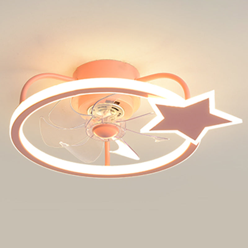 Pink Circular Ceiling Fan Lighting Cartoon Acrylic LED Semi Flush Mount Fixture for Kids Room