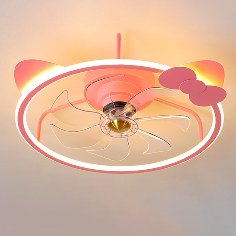 Pink Circular Ceiling Fan Lighting Cartoon Acrylic LED Semi Flush Mount Fixture for Kids Room