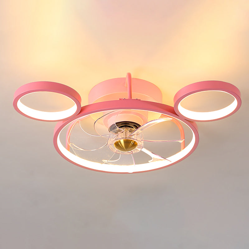 Pink Circular Ceiling Fan Lighting Cartoon Acrylic LED Semi Flush Mount Fixture for Kids Room
