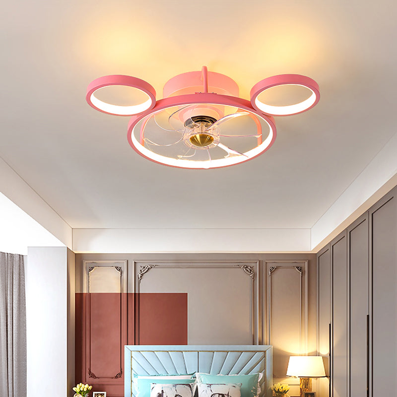 Pink Circular Ceiling Fan Lighting Cartoon Acrylic LED Semi Flush Mount Fixture for Kids Room