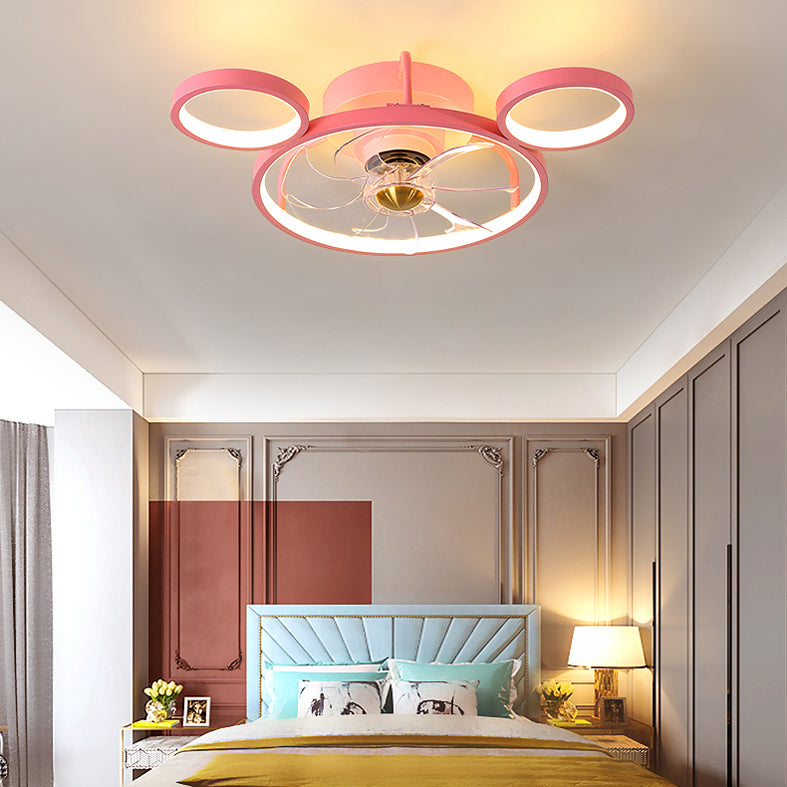 Pink Circular Ceiling Fan Lighting Cartoon Acrylic LED Semi Flush Mount Fixture for Kids Room