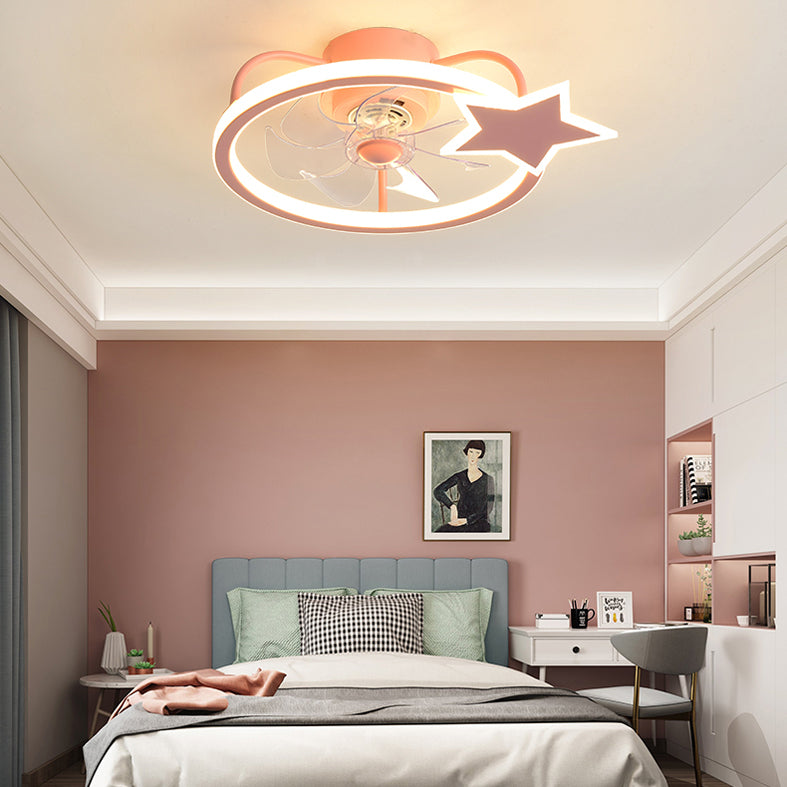 Pink Circular Ceiling Fan Lighting Cartoon Acrylic LED Semi Flush Mount Fixture for Kids Room
