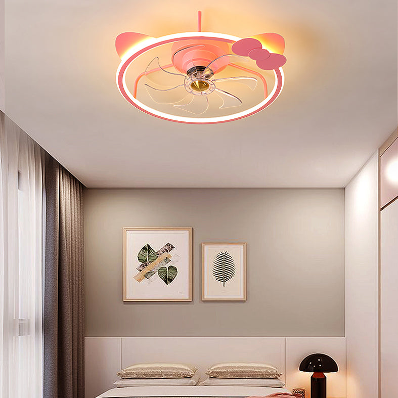 Pink Circular Ceiling Fan Lighting Cartoon Acrylic LED Semi Flush Mount Fixture for Kids Room