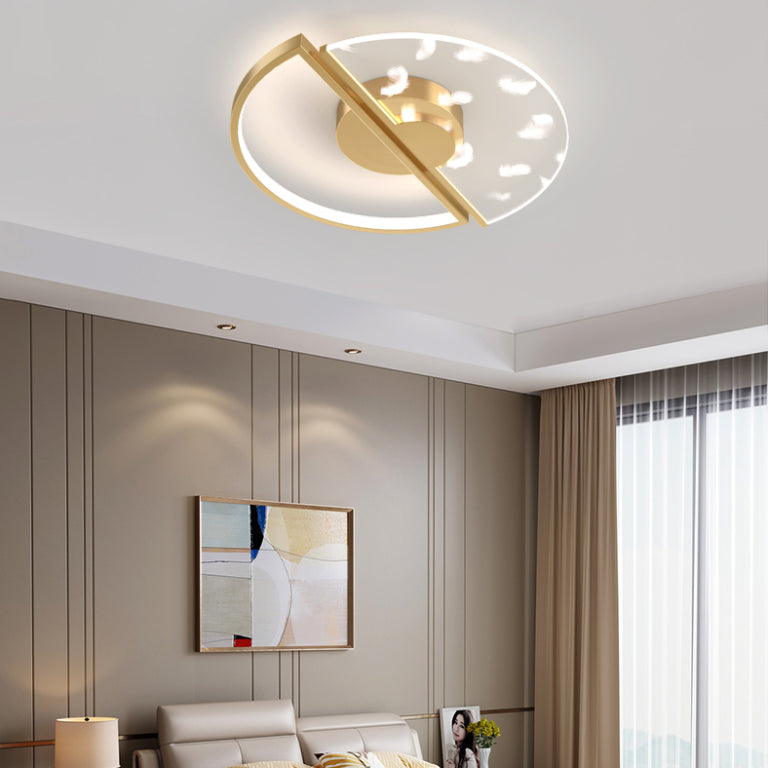 Modern Luxury LED Feather Ceiling Light Wrought Iron Circular Flush Mount with Acrylic Shade