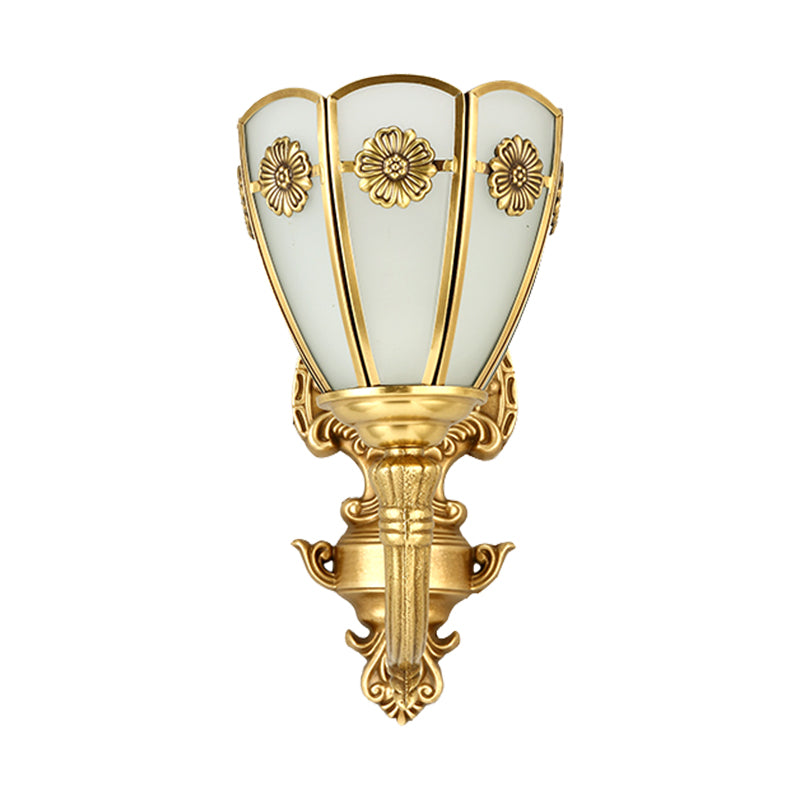 1/2 Lights Indoor Sconce Retro Floral Beveled Opal Glass Shade Wall Lamp with Golden Exquisite Carved Element
