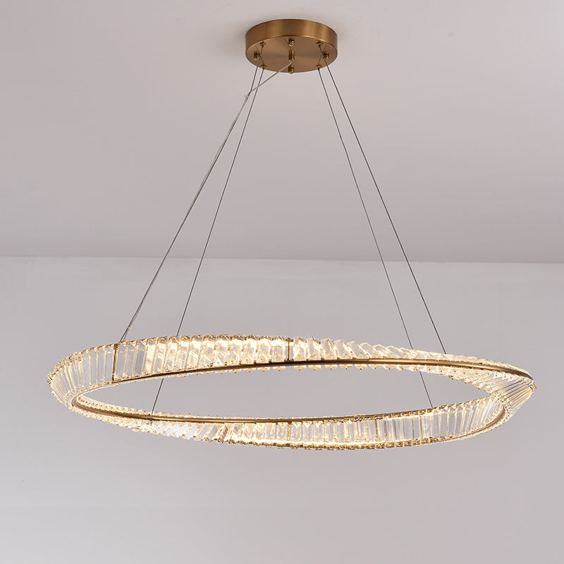 Modern Luxury Circular LED Pendant Light Wrought Iron Hanging Lamp with Crystal Shade