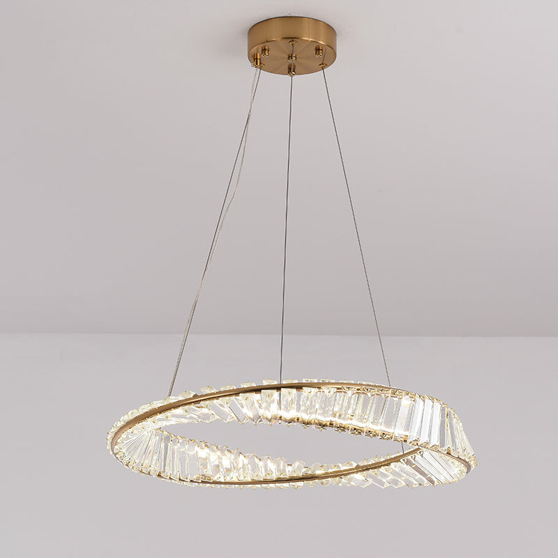 Modern Luxury Circular LED Pendant Light Wrought Iron Hanging Lamp with Crystal Shade