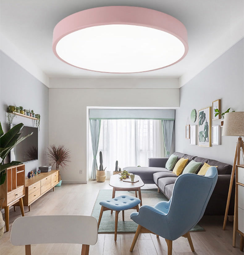 Sala de estar infantil color macarron ronda incrustada lámpara de techo LED de metal