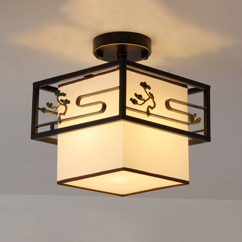Black Semi-Flush Ceiling Light Traditional Fabric Squared Semi Flush Mount Light
