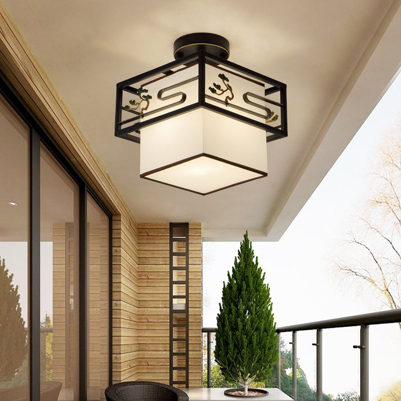 Black Semi-Flush Ceiling Light Traditional Fabric Squared Semi Flush Mount Light