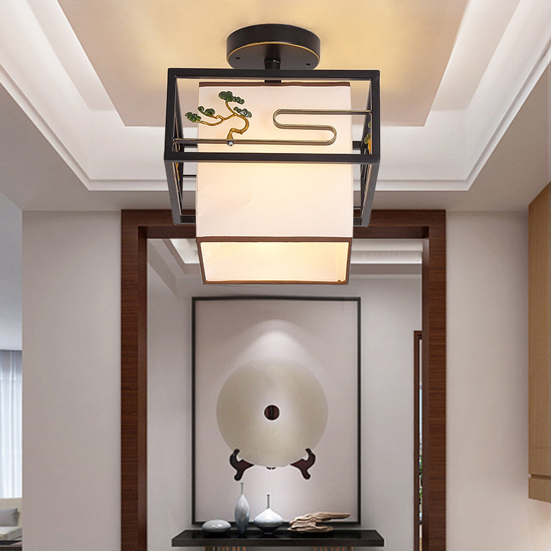 Black Semi-Flush Ceiling Light Traditional Fabric Squared Semi Flush Mount Light