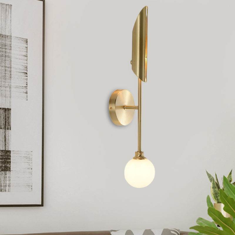 Brass Pencil Arm Sconce Light Minimalist 1 Bulb Metal Wall Mounted Lamp with White Glass Shade