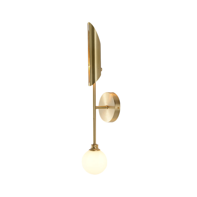 Brass Pencil Arm Sconce Light Minimalist 1 Bulb Metal Wall Mounted Lamp with White Glass Shade