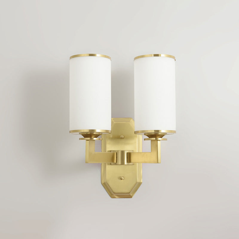 2 Heads Armed Sconce Modern Metal Wall Mount Light Fixture in Gold with Tube Opal Glass Shade