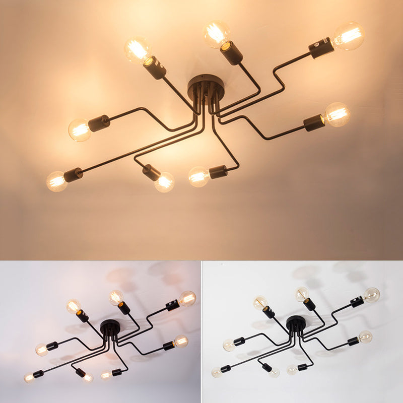 Black Sputnik Semi Flush Monte en estilo de techo de hierro forjado de estilo retro industrial para sala de estar