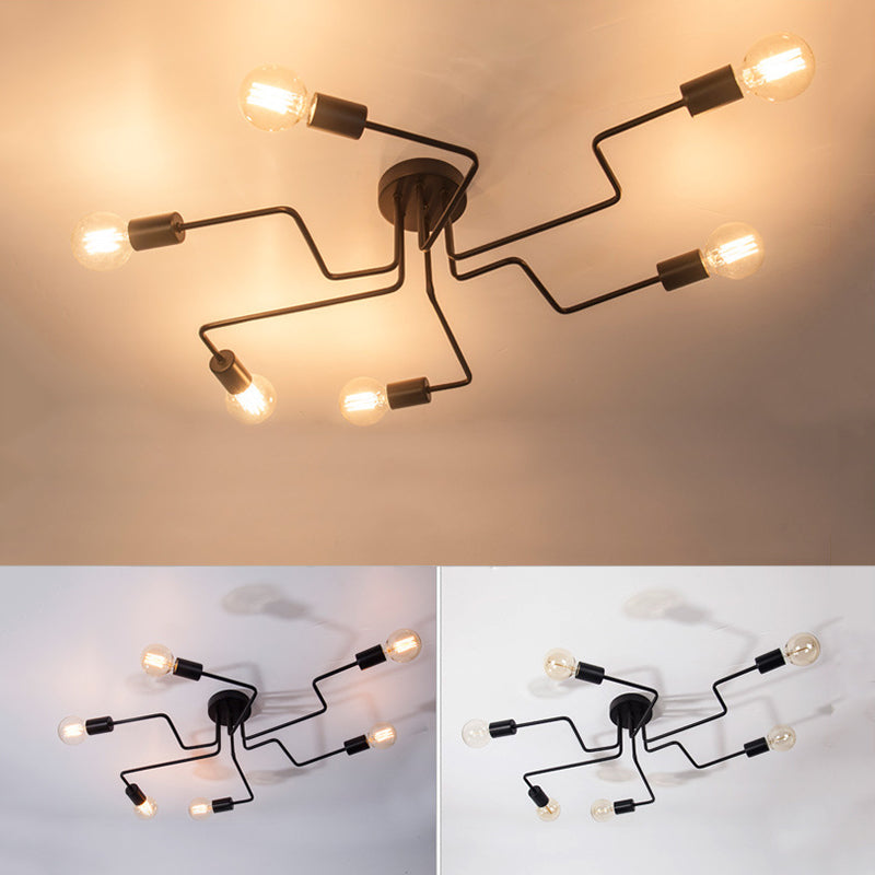 Black Sputnik Semi Flush Monte en estilo de techo de hierro forjado de estilo retro industrial para sala de estar