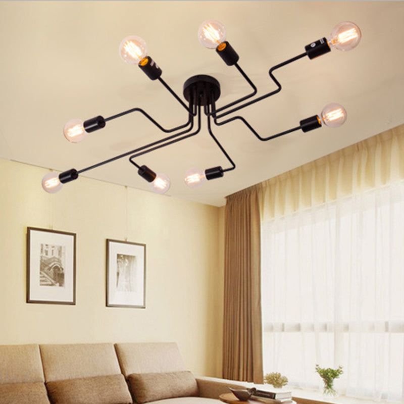 Black Sputnik Semi Flush Monte en estilo de techo de hierro forjado de estilo retro industrial para sala de estar