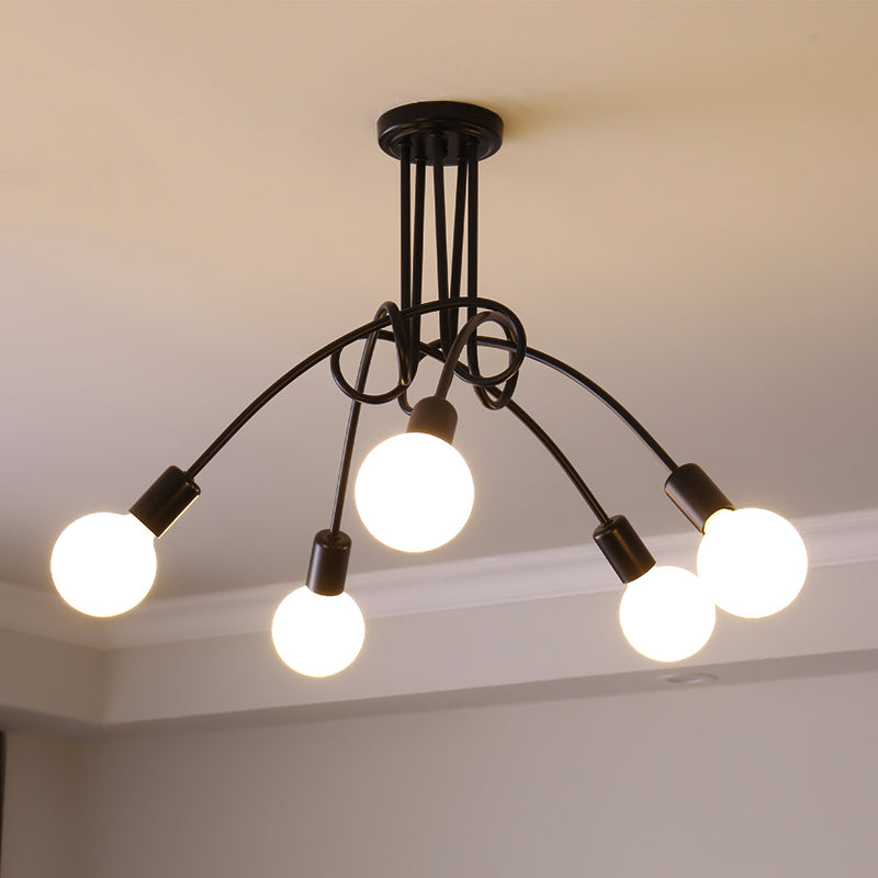 Exposed Bulb Radial Semi Flush Mount in Industrial Creative Style Wrought Iron Ceiling Light