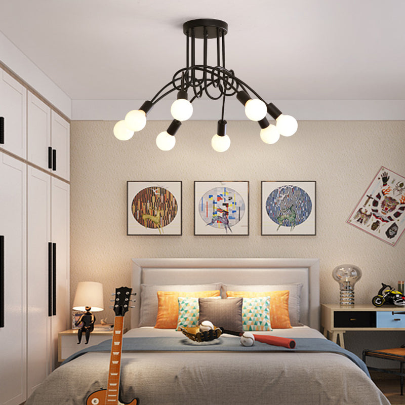 Exposed Bulb Radial Semi Flush Mount in Industrial Creative Style Wrought Iron Ceiling Light