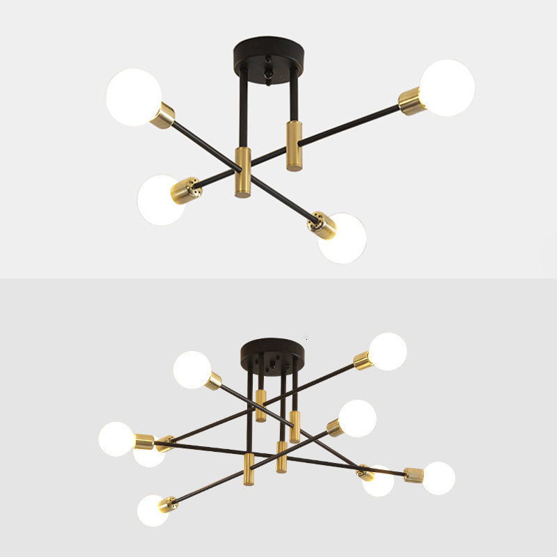 Black and Gold Semi Flush Mount in Industrial Creative Style Wrought Iron Radial Ceiling Light