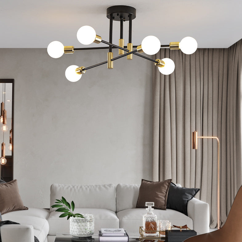 Black and Gold Semi Flush Mount in Industrial Creative Style Wrought Iron Radial Ceiling Light