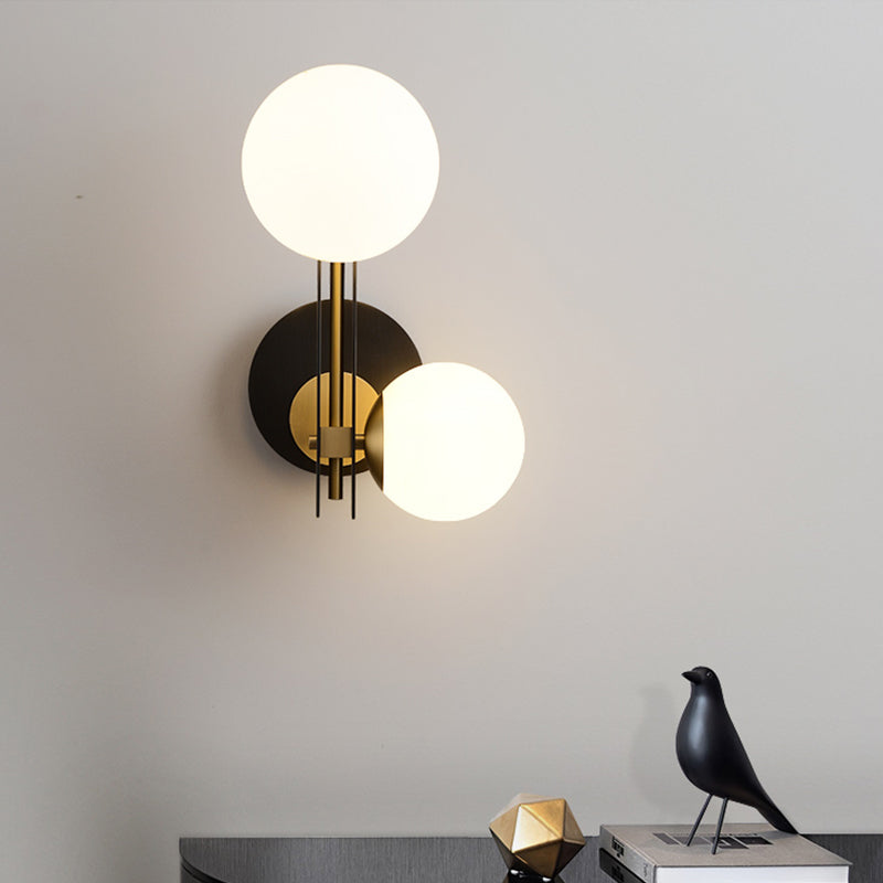 2 Bulbs Sphere Sconce Light Contemporary Milky Glass Wall Mounted Lighting in Black and Gold