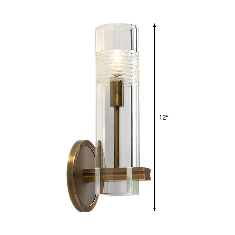 Clear Glass Tubular Sconce Light Modernism 1 Bulb Wall Lighting Fixture in Brass with Metal Arm